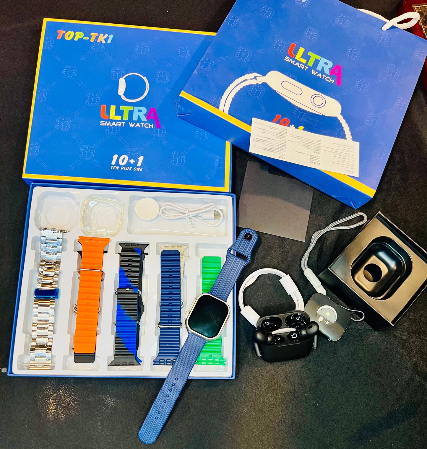 "Exclusive 15-in-1 Smart Watch Bundle with 10 Straps, Free Black AirPods & Stylish Bag – 60% Off + Free Home Delivery!"